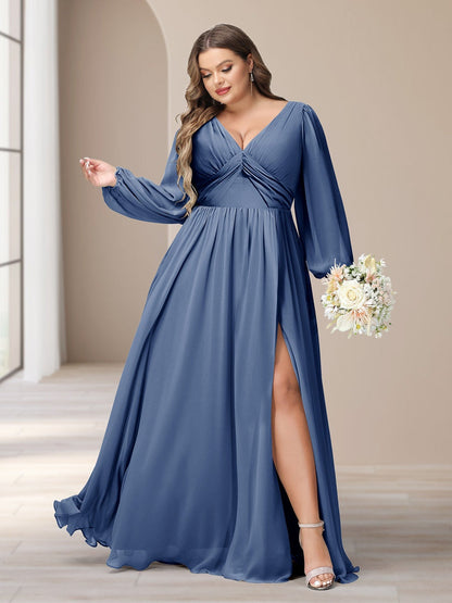 A-Line/Princess V-Neck Long Sleeves Chiffon Long Plus Size Bridesmaid Dresses With Split Side