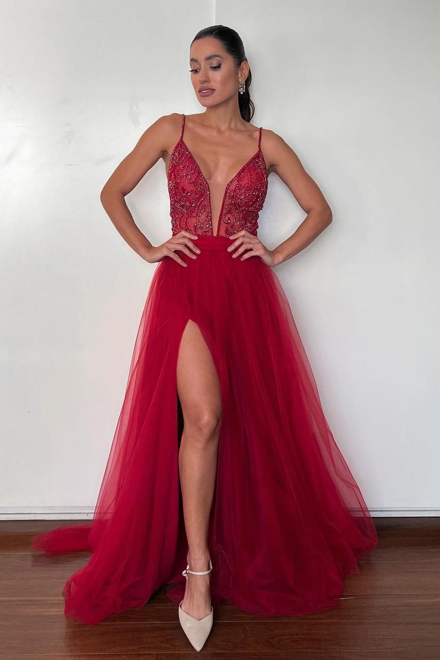 edgynewlook Shinning Red Tulle Sleeveless Spaghetti Strap Split Long Prom Dress with Applique