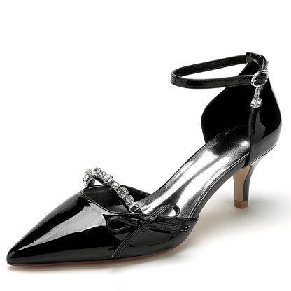 Women's Wedding Shoes Patent Leather Rhinestone Bow Mid Pointed Toe Bridal Shoes