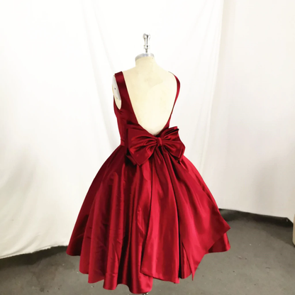 Dark Red Satin Backless Vintage Style Party Dress With Bow, High Quality Handmade Dress  gh509