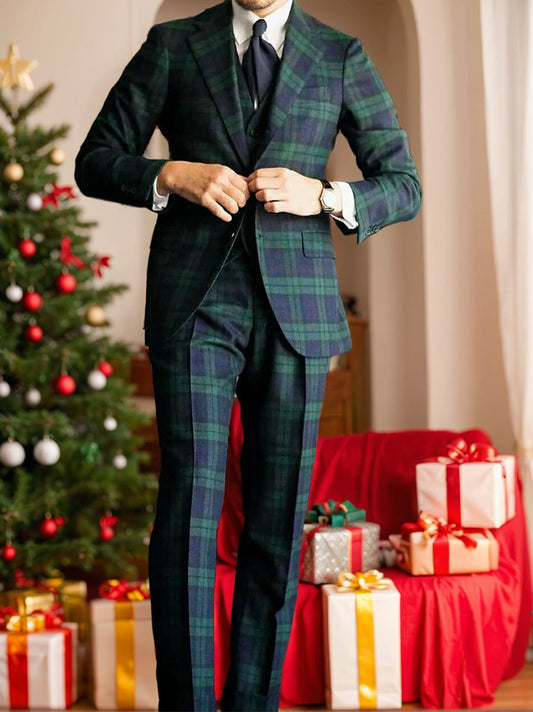 Dark Green Men's Tailored Fit Single Breasted Two-buttons  3 Piece Plaid Wedding Suits