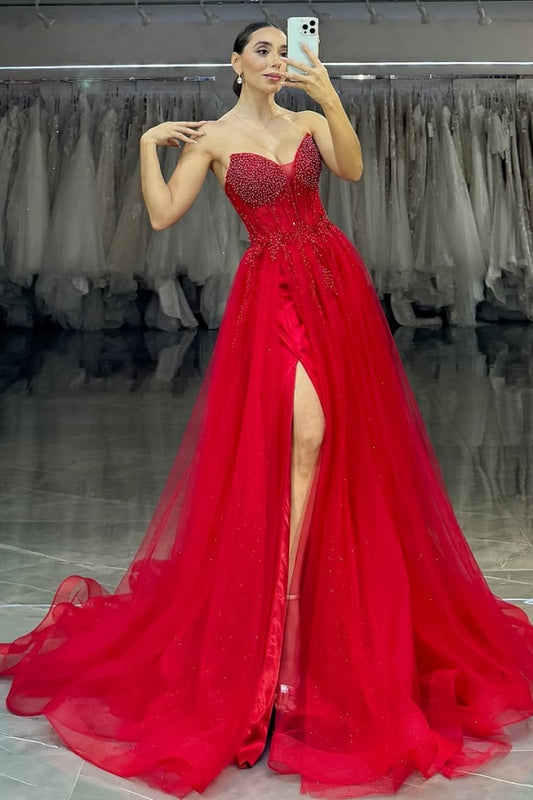 Red Tulle Strapless Split Beaded Prom Dress ZT0456