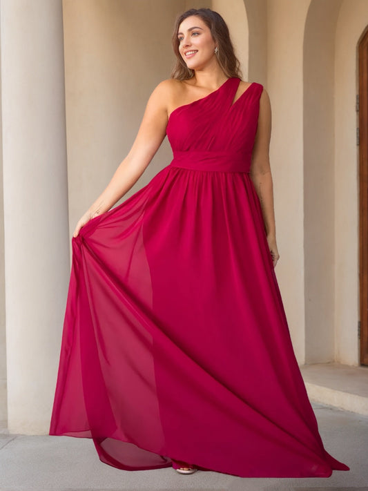 A-Line/Princess One-Shoulder Sleeveless Floor-Length Unique Plus Size Bridesmaid Dress With Ruffles