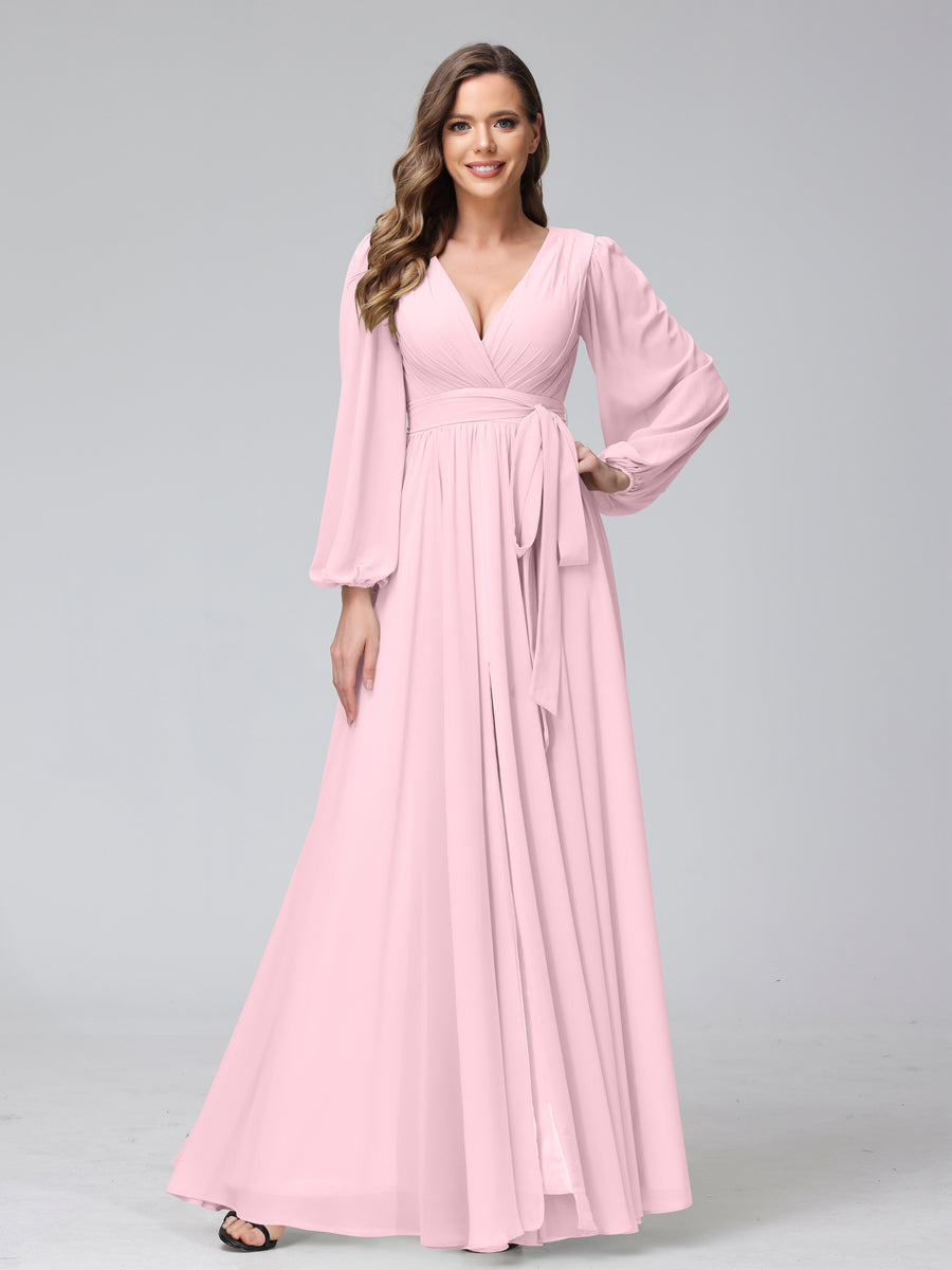 A-Line V-Neck Long Sleeves Chiffon Long Bridesmaid Dresses With Ruffles Split Side