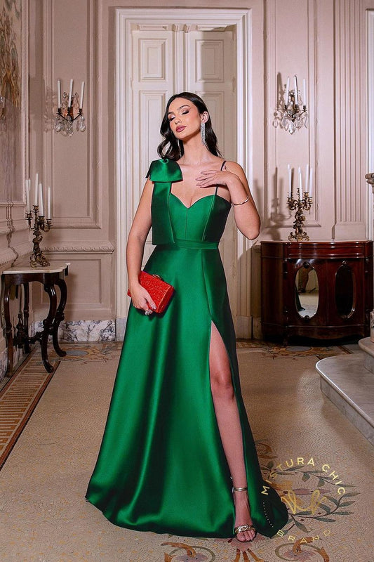 edgynewlook Shinning Dark Green Satin Spaghtti Strap Sleeveless Long Prom Dress with Split