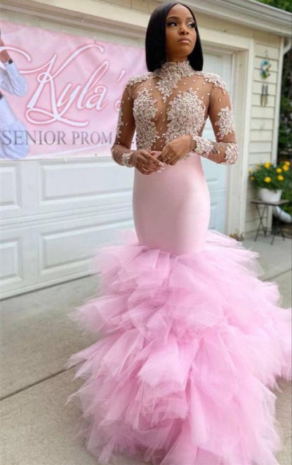 Pink High Neck Tulle Mermaid Prom Dress With Lace Appliques PD0735