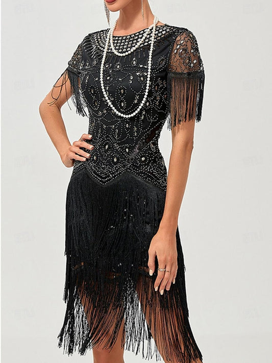 A-Line/Princess Jewel Neck Short Sleeve Knee-Length Vintage Dress with Tassel Fringe & Sequins