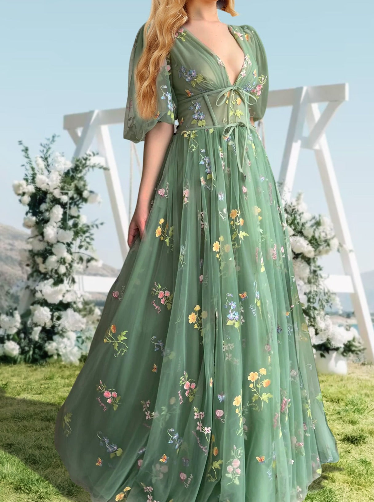 A-Line/Princess V-Neck Short Sleeves Floral Long Formal Prom Dresses With Flowers