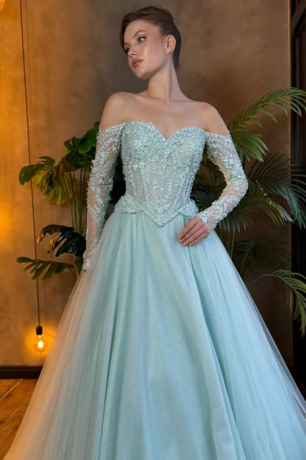 Strapless Off-The-Shoulder Appliques Tulle Prom Dress With Long Sleeves ZT0477