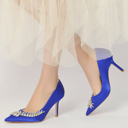 Women's Wedding Shoes Blue Silk Satin Rhinestone Stiletto Pointed Toe Bridal Shoes