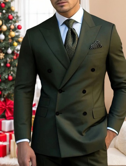 Green Men's Tailored Fit Double Breasted Six-buttons 2 Pieces Solid Colored Wedding Suits