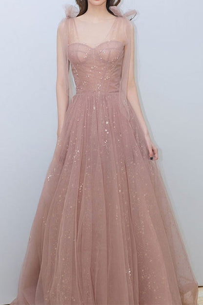 Edgynewlook Shining Sleeveless Pink Long Prom Dress Sweetheart With Sequins