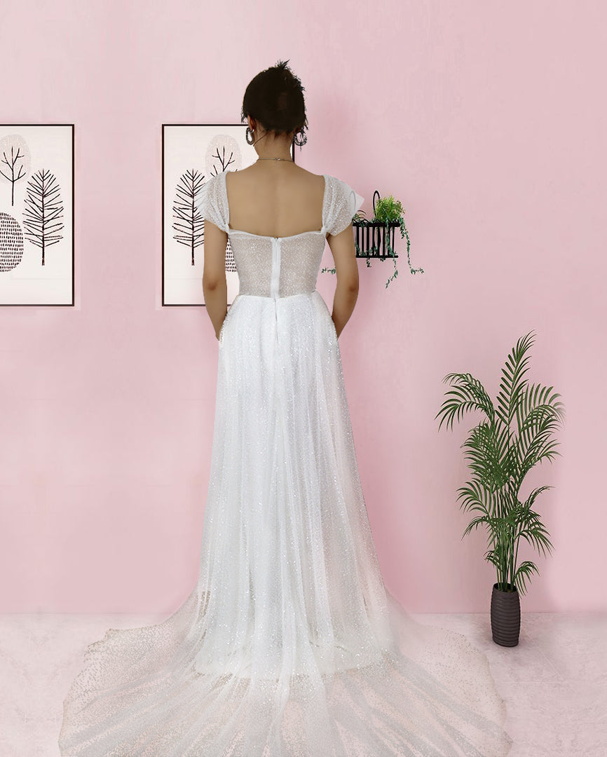 Elegant Prom Dress Long Tulle White Spaghetti Strap Sleeveless YX00018