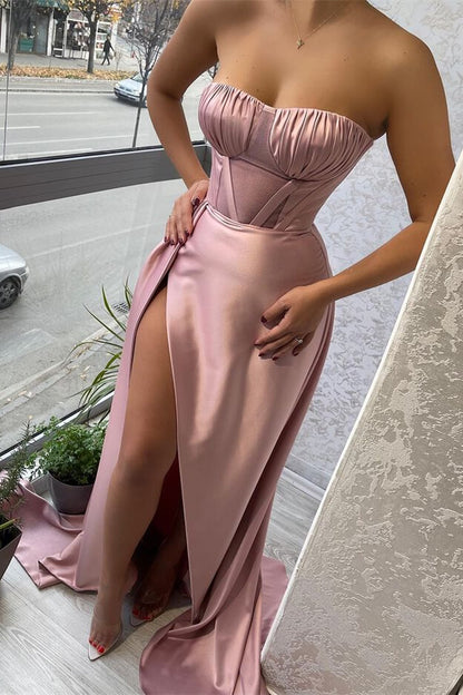 Stunning Pink Strapless Mermaid Prom Dress Pleats Ruffles With Slit ED0495