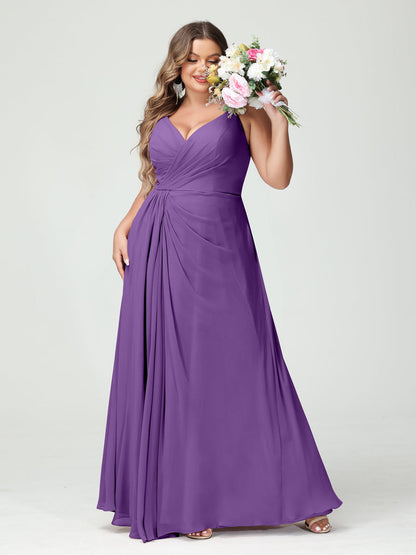 A-Line/Princess/Princess Spaghetti Straps Sleeveless Chiffon Plus Size Bridesmaid Dresses with Pockets & Split Side