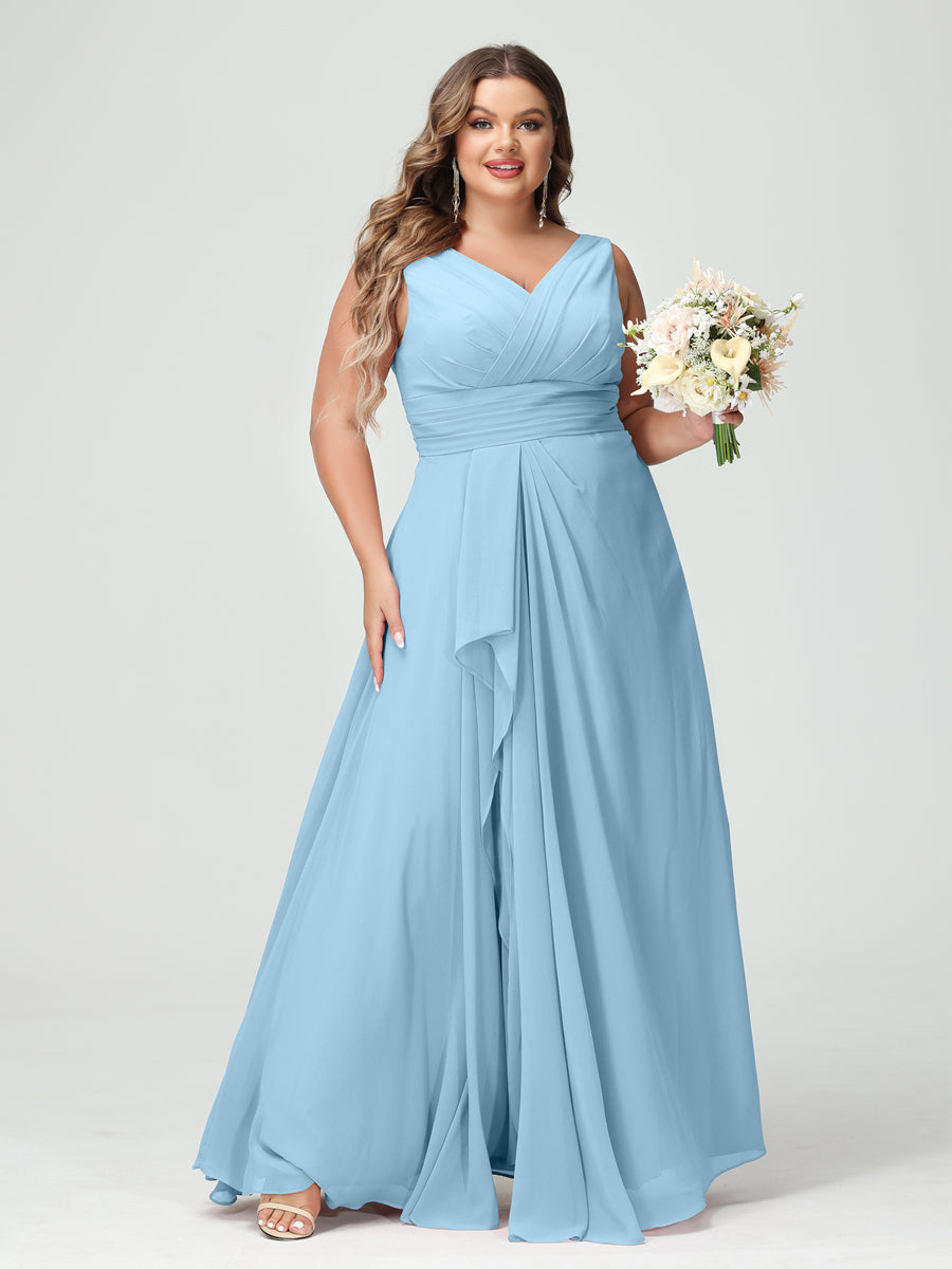 A-Line/Princess V-Neck Sleeveless Chiffon Ruffles Plus Size Bridesmaid Dresses with Pockets & Ruffles