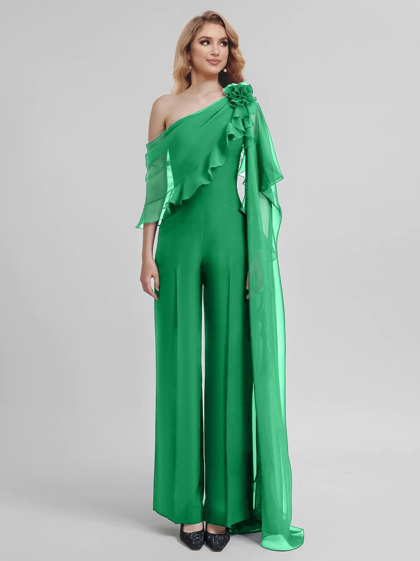 Jumpsuits One-Shoulder Half Sleeves Chiffon Mother Of The Bride Pantsuits