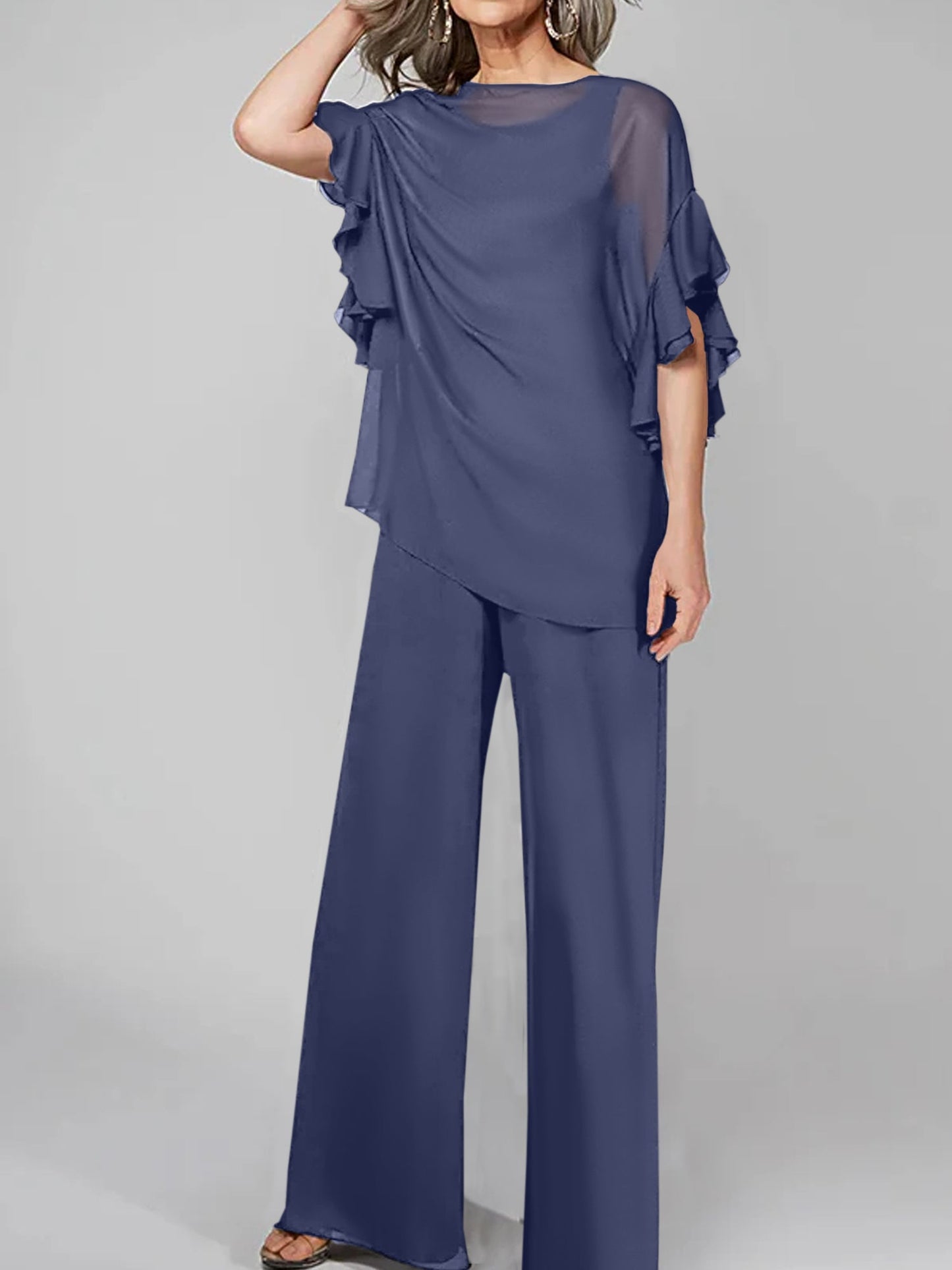 Jumpsuits Scoop Half Sleeves Chiffon Mother Of The Bride Pantsuits