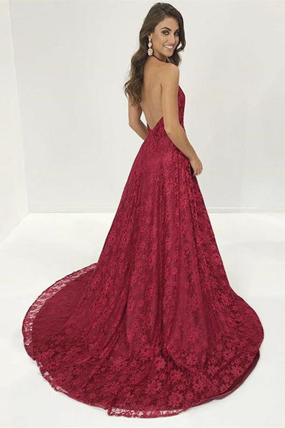 Burgundy V-Neck Lace Prom Dress PD0426