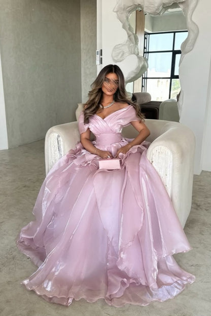 Pink Off-The-Shoulder Mesh Pleated Prom Dress ZT0478