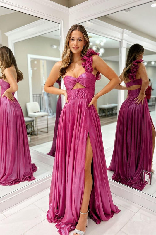 edgynewlook Charming Fuchsia Sleeveless One Shoulder Long Pleated Prom Dress with Split