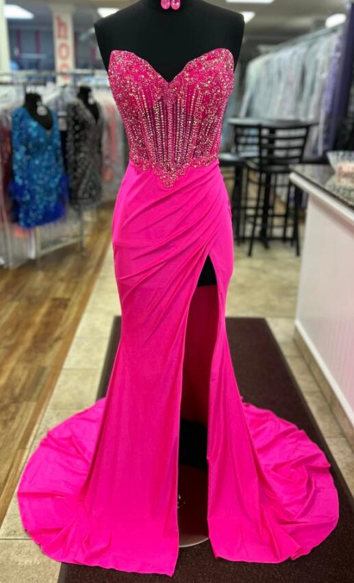 Sienna | Royal Blue Strapless Beaded Long Prom Dress with Slit