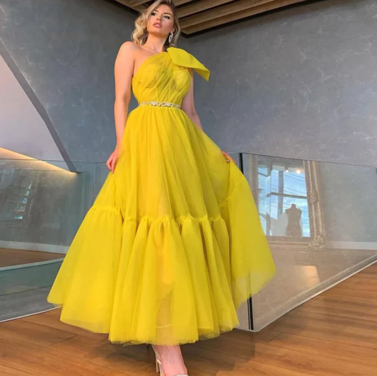 One Shoulder Yellow Tulle Short Prom Dress Tea Length Homecoming Dress Princess Women Party Gowns Plus Size  gh2073