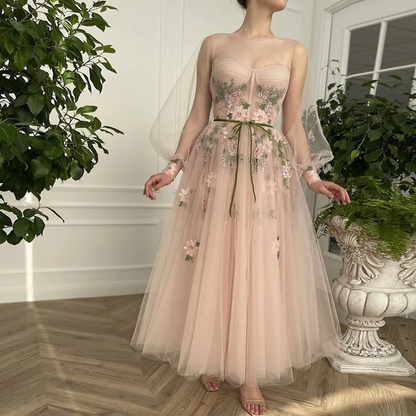 A Line Scoop Long Sleeve Prom Dresses with Floral Embroidery Long Formal Dressess gh1819