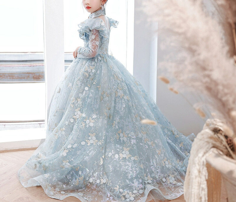 A-Line/Princess Long Sleeves Lace Girl Party Dress with Appliques & Train