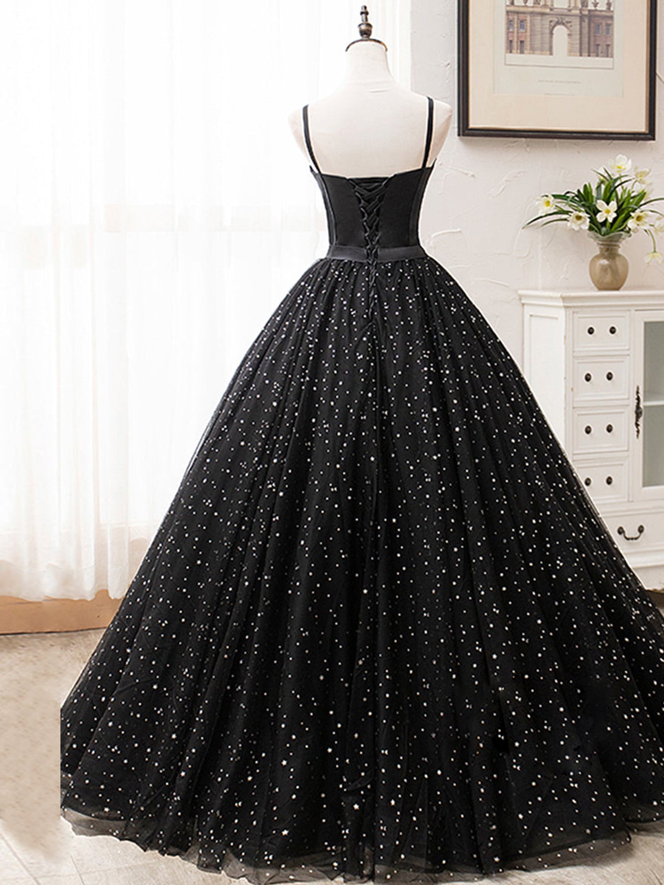 V Neck Glitter Black Long Prom Dress