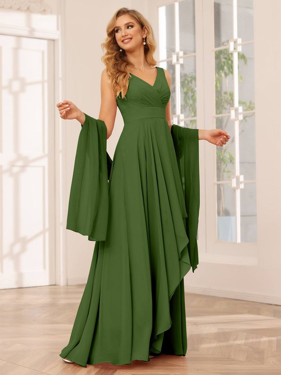 A-Line/Princess V-Neck Sleeveless Floor-Length Asymmetrical Bridesmaid Dresses with Ruffles