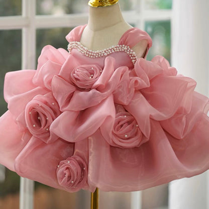 Ball Gown Sleeveless Knee-Length Baby Girl Party Dress with Ruched Flowers