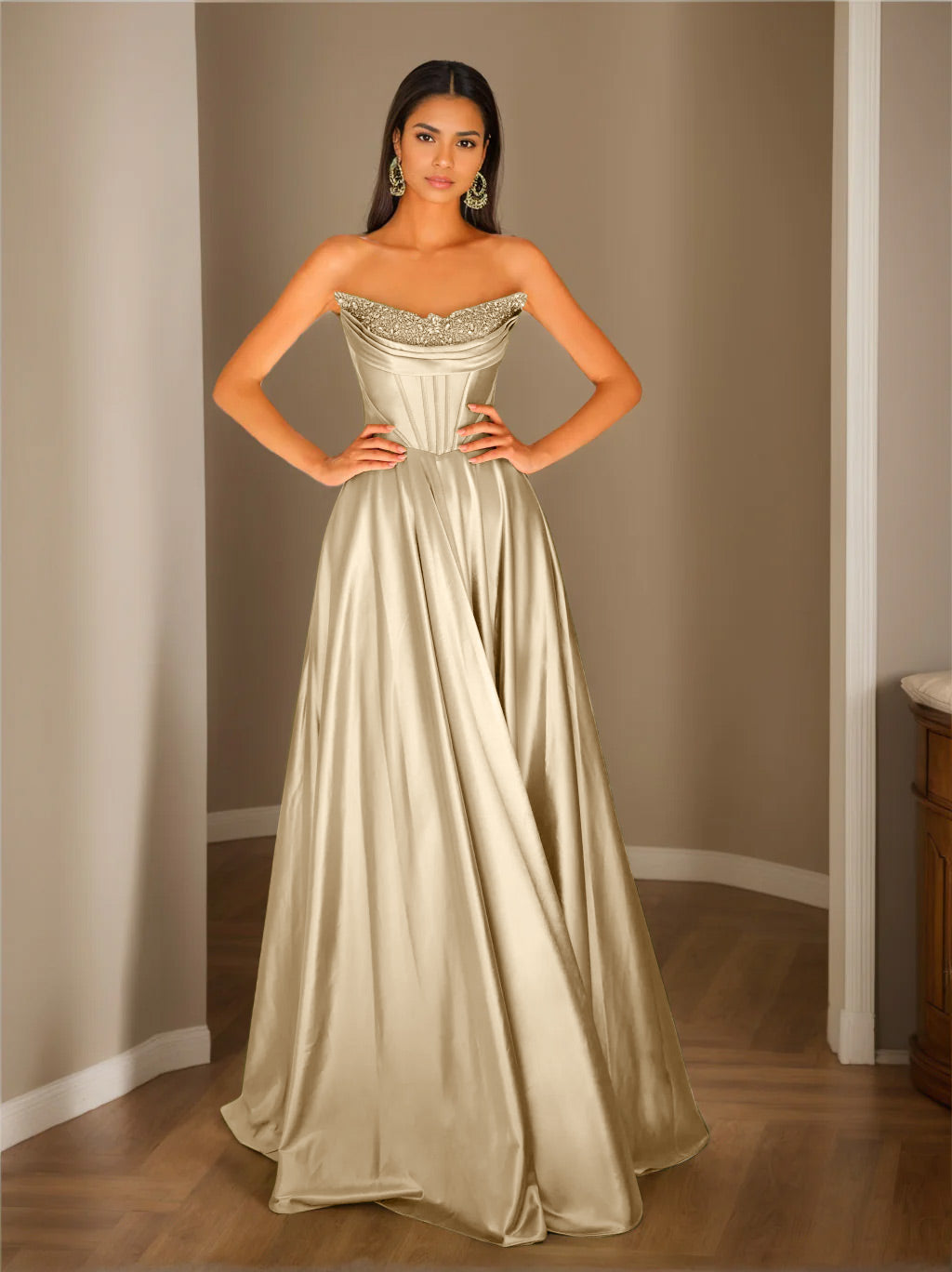 A-Line/Princess Strapless Sleeveless Floor-Length Evening Dress with Sequins