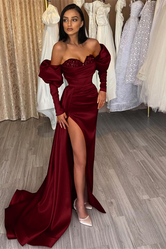 Gorgeous Red evening dress prom dress Off-the-shoulder Half-sleeves Bubble Sleeves with Sequins Slit