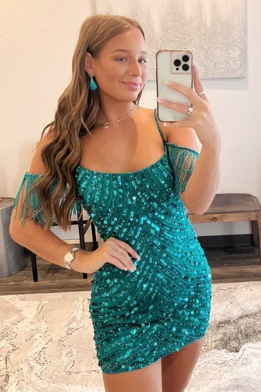 Emerald Sequin Cold-Shoulder Fringe Short Cocktail Gown gh1579