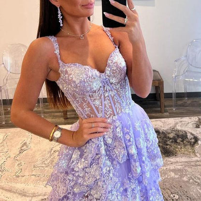 Lavender Princess A Line Off the Shoulder Corset Prom Dress with Lace Ruffles