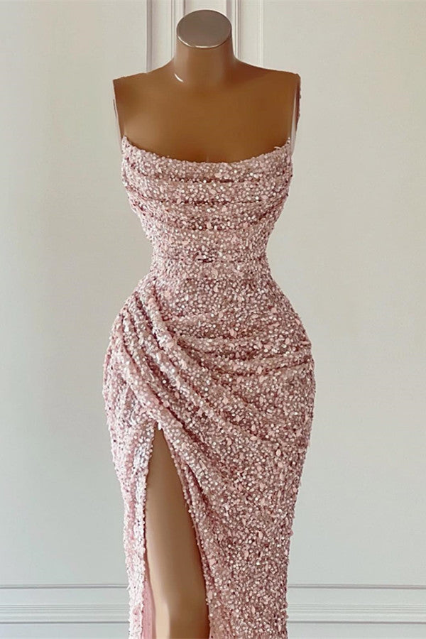 edgynewlook Dusty Pink Square Neck Sleeveless Mermaid Prom Dress Long Slit with Sequins