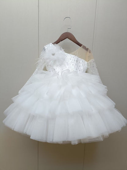 Ball Gown Long Sleeves Knee-Length Layered Baby Girl Party Dress with Flower & Feathers