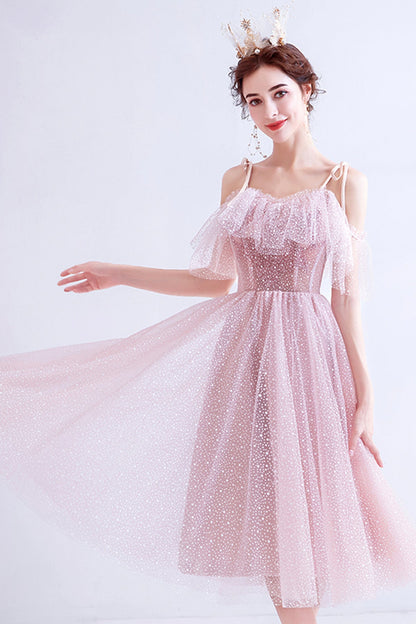 Pink tulle short A line prom dress homecoming dress  8729