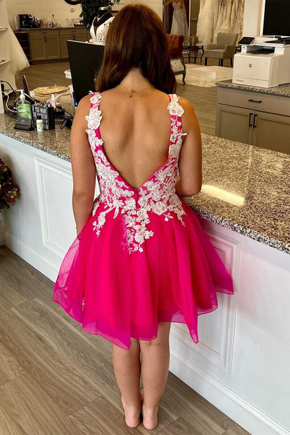 Neon Pink Appliques Backless A-Line Short Homecoming Dress gh1311