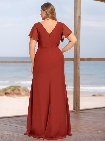 A-Line/Princess V-Neck Short Sleeves Plus Size Bridesmaid Dresses with Ruffles & Split Side