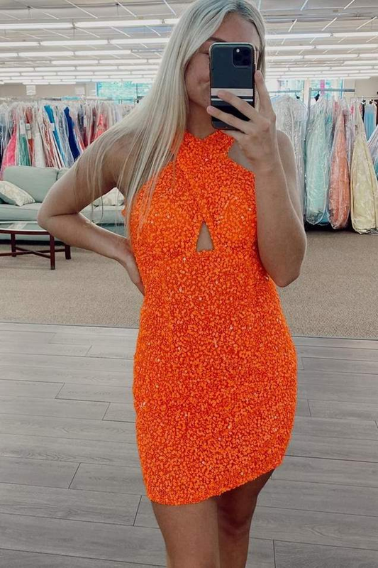 Orange Sequins Cross Front Mini Bodycon Dress gh1213