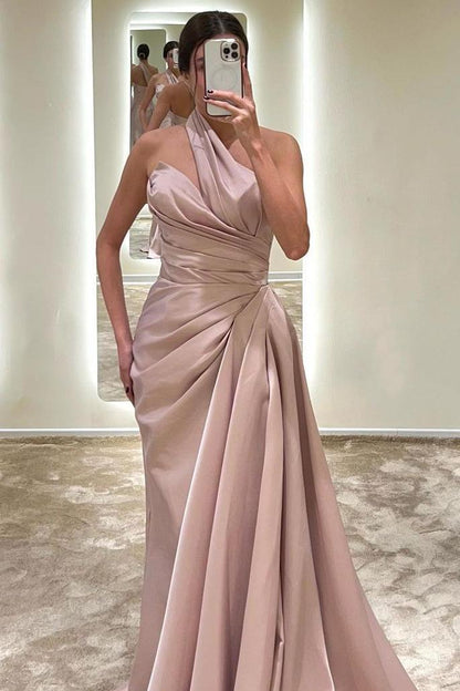 edgynewlook Charming Blush Pink Satin Sleeveless Strapless Halter Long Prom Dress with Pleated