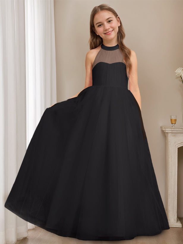 A-Line/Princess Halter Neck Sleeveless Floor-Length Flower Girl Dress with Bowknot