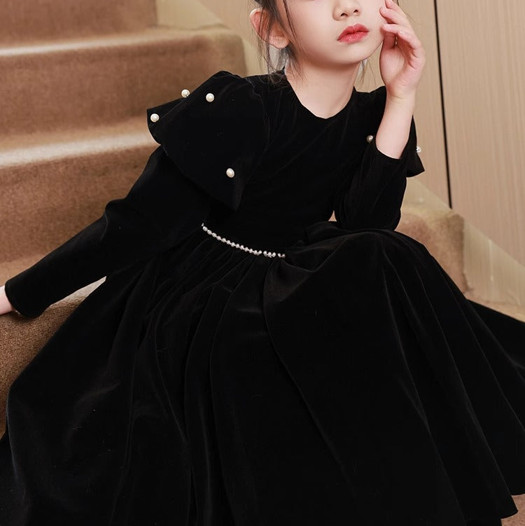 Tea-Length Round Neck Long Sleeves Black Girl Party Dress with Beading Sash