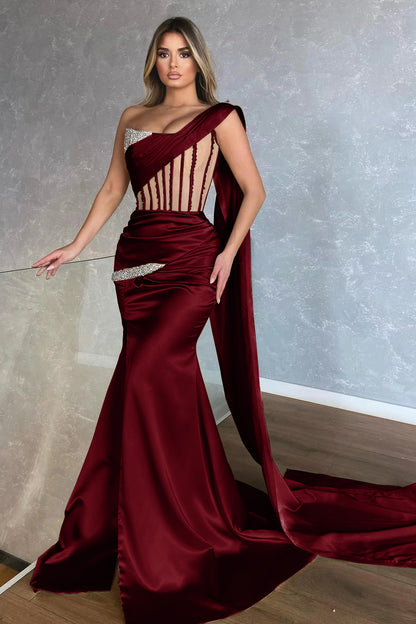 Amazing Champagne One Shoulder Sleeveless Mermaid Prom Dress With Slit Ruffles ED0441