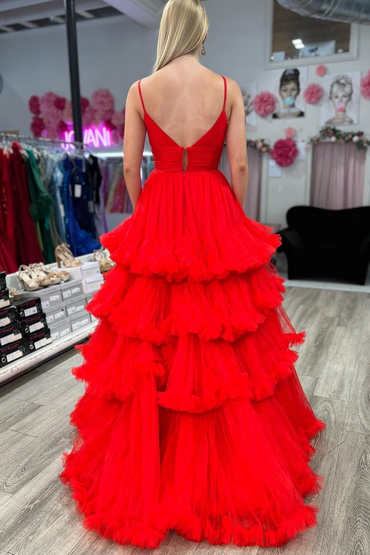 Wrenlee |A-line V-Neck Tulle Prom Dress with Tiered Ruffles