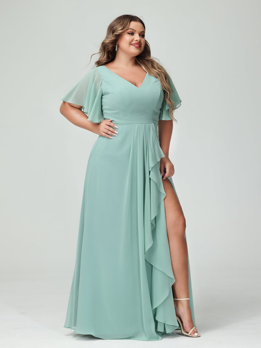 A-Line/Princess V-Neck Half Sleeves Chiffon Plus Size Bridesmaid Dresses with Split Side & Ruffles