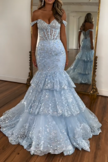 Lovely Light Blue Off-The-Shoulder Appliques Mermaid Prom Dress ZT0566