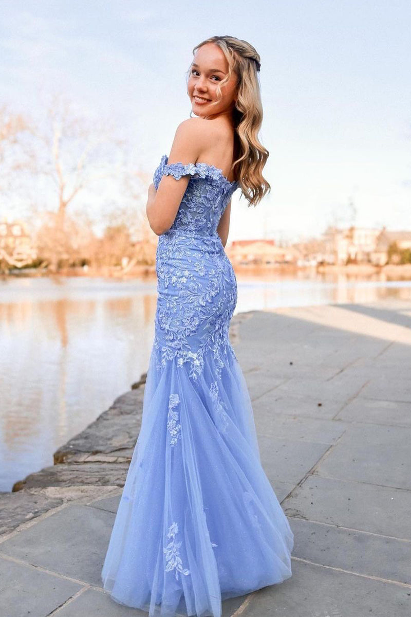 Lavender Off the Shoulder Tulle Appliques Mermaid Long Prom Dresses